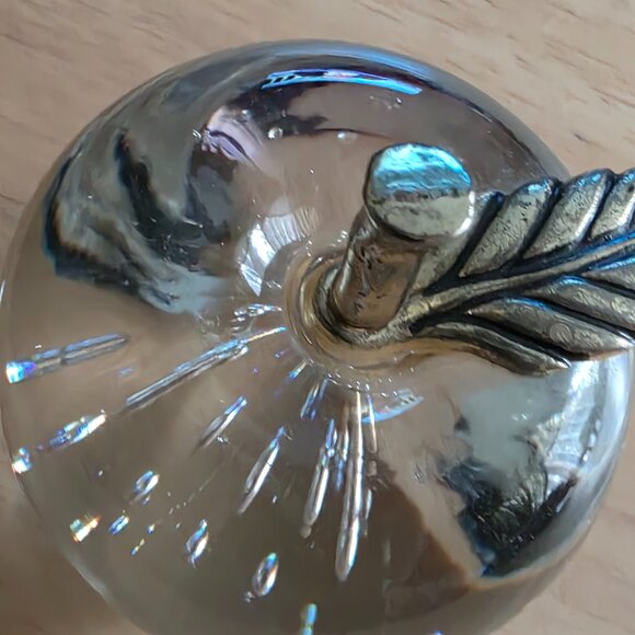 Vintage Art Glass Apple Paperweight Controlled Bubbles Brass Stem Leaf - Picture 2 of 2